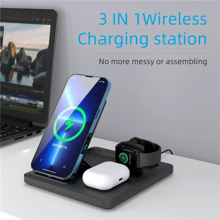 C18 15W Wireless Carging Stand Para Iphone / Apple Watch / AirPods Pro 3-en-1 Cargador Plegable de Ángulo Ajustable