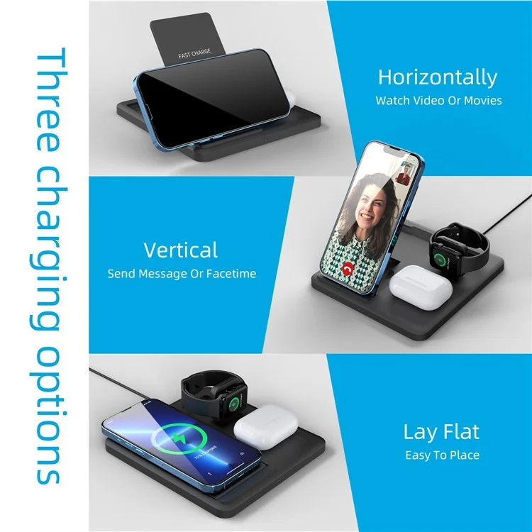 C18 15W Wireless Carging Stand Para Iphone / Apple Watch / AirPods Pro 3-en-1 Cargador Plegable de Ángulo Ajustable