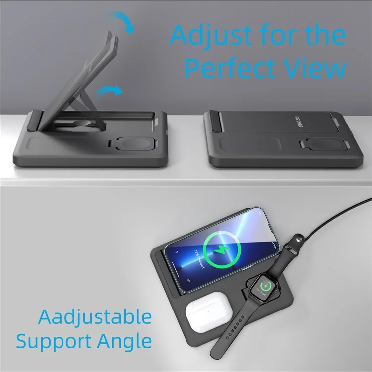 C18 15W Wireless Carging Stand Para Iphone / Apple Watch / AirPods Pro 3-en-1 Cargador Plegable de Ángulo Ajustable