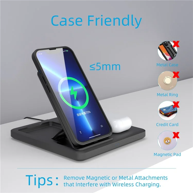 C18 15W Wireless Carging Stand Para Iphone / Apple Watch / AirPods Pro 3-en-1 Cargador Plegable de Ángulo Ajustable