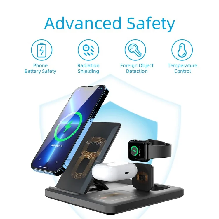C18 15W Wireless Carging Stand Para Iphone / Apple Watch / AirPods Pro 3-en-1 Cargador Plegable de Ángulo Ajustable
