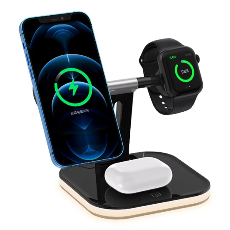 JJT-971 3 em 1 Base de Carregamento Sem Fio Magnético Destacável Para Iphone / Apple Watch / Fones de Ouvido - Preto