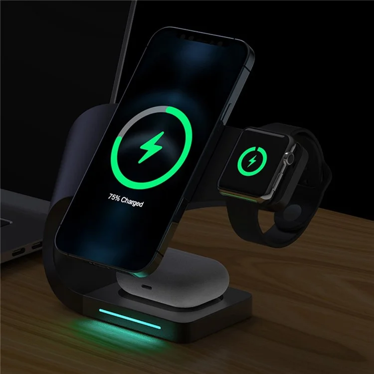 CF62 Intelligent 4 в 1 Магнитное Беспроводное Зарядное Устройство Для Iphone / я Смотрю / Airpods 15 вт Станция Быстрого Зарядки - Черный