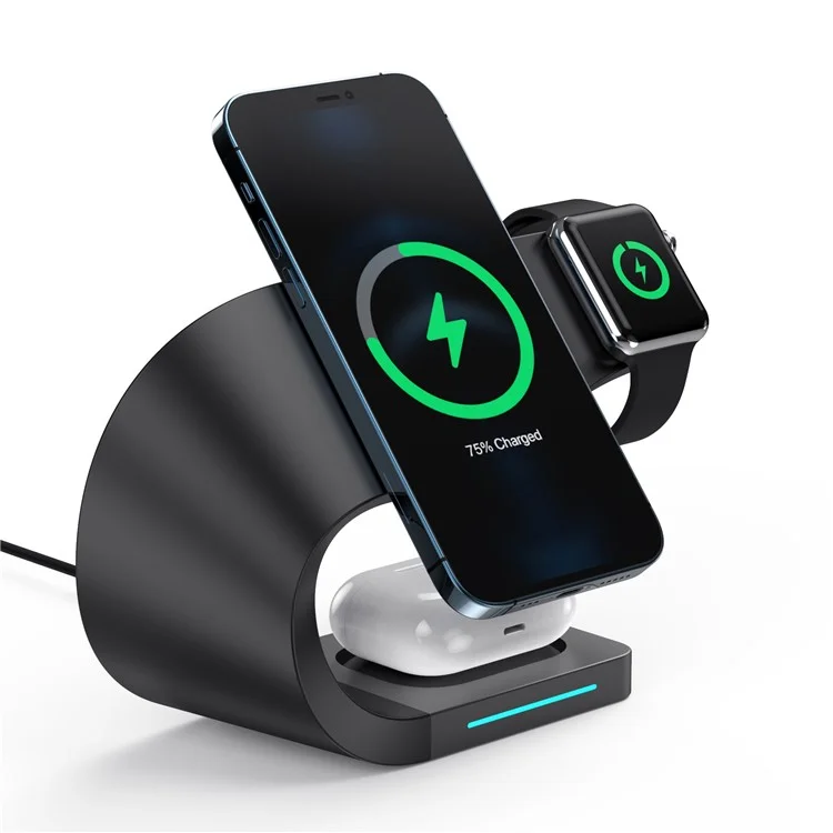CF62 Intelligent 4 в 1 Магнитное Беспроводное Зарядное Устройство Для Iphone / я Смотрю / Airpods 15 вт Станция Быстрого Зарядки - Черный