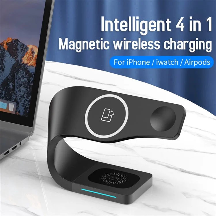 CF62 Intelligent 4 в 1 Магнитное Беспроводное Зарядное Устройство Для Iphone / я Смотрю / Airpods 15 вт Станция Быстрого Зарядки - Черный