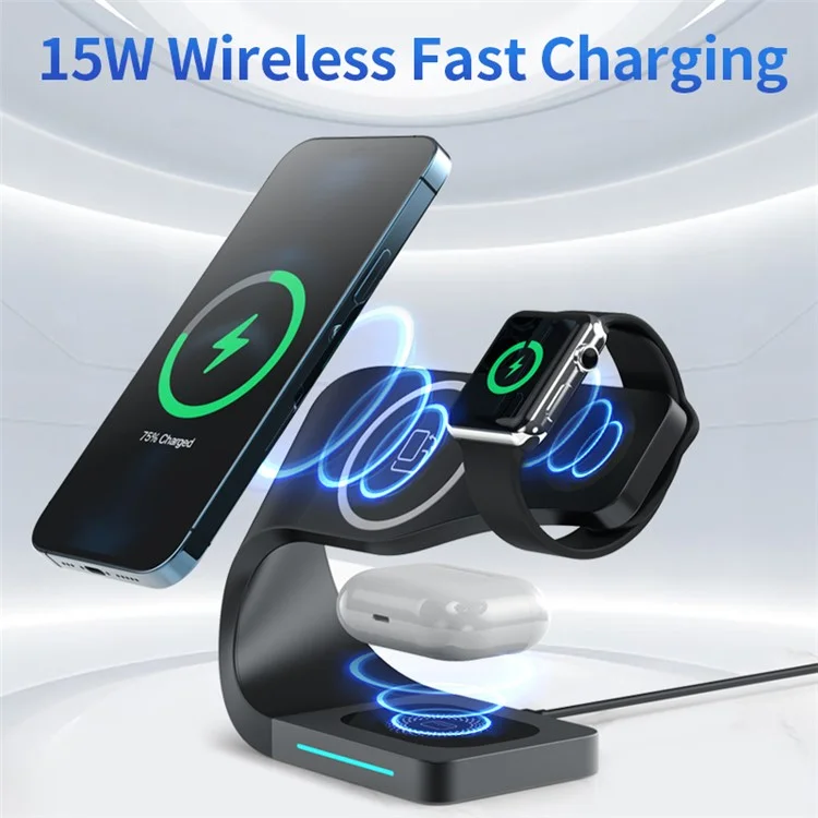 CF62 Intelligent 4 в 1 Магнитное Беспроводное Зарядное Устройство Для Iphone / я Смотрю / Airpods 15 вт Станция Быстрого Зарядки - Черный