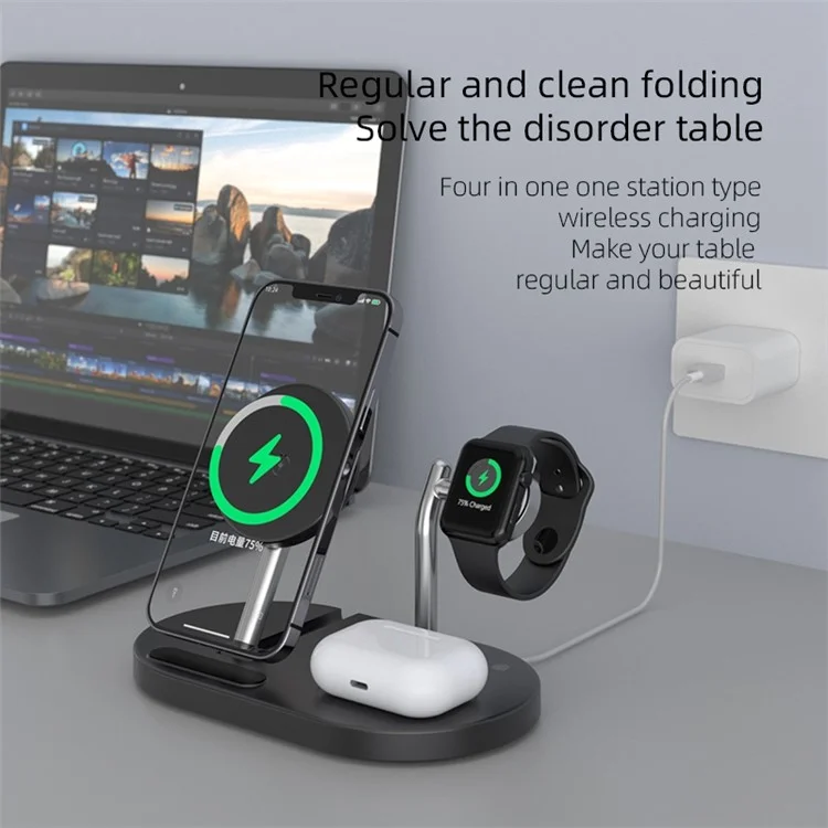 S20 Desktop Wireless Charging Stand Multifunction Folding Magnetic Charger for iPhone / iWatch / AirPods - Black