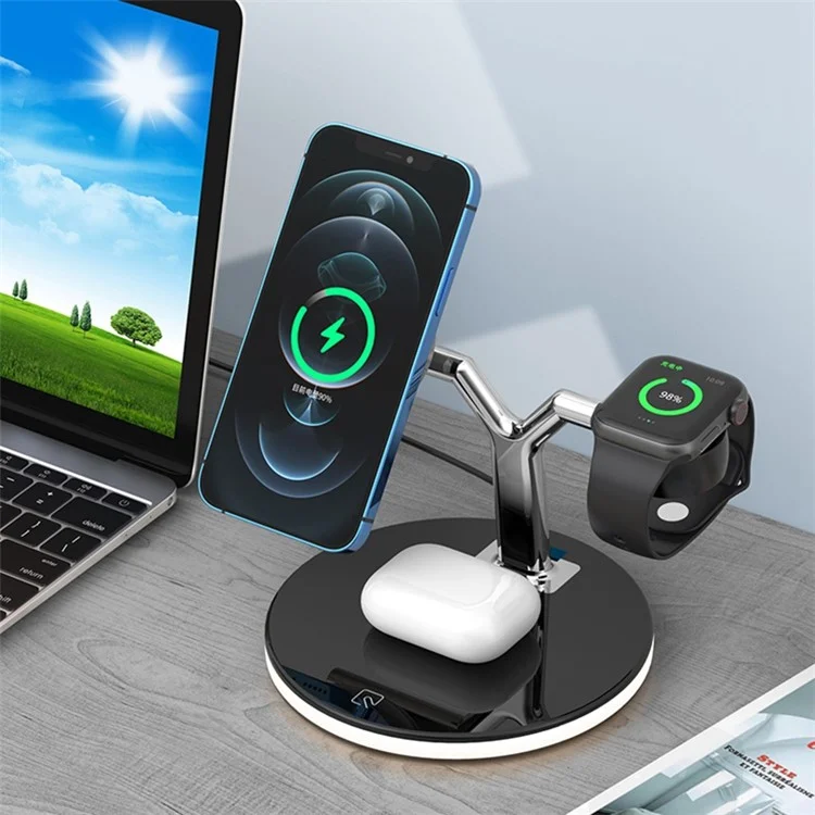 970 For iPhone / Apple Watch / AirPods 3 in 1 Wireless Charger 15W Fast Charging Desktop Stand Cradle with Light - Black