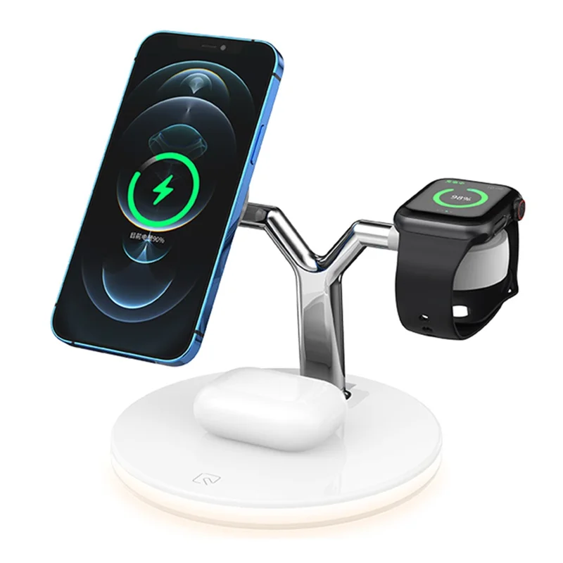 970 For iPhone / Apple Watch / AirPods 3 in 1 Wireless Charger  Fast Charging Desktop Stand Cradle with Light - White