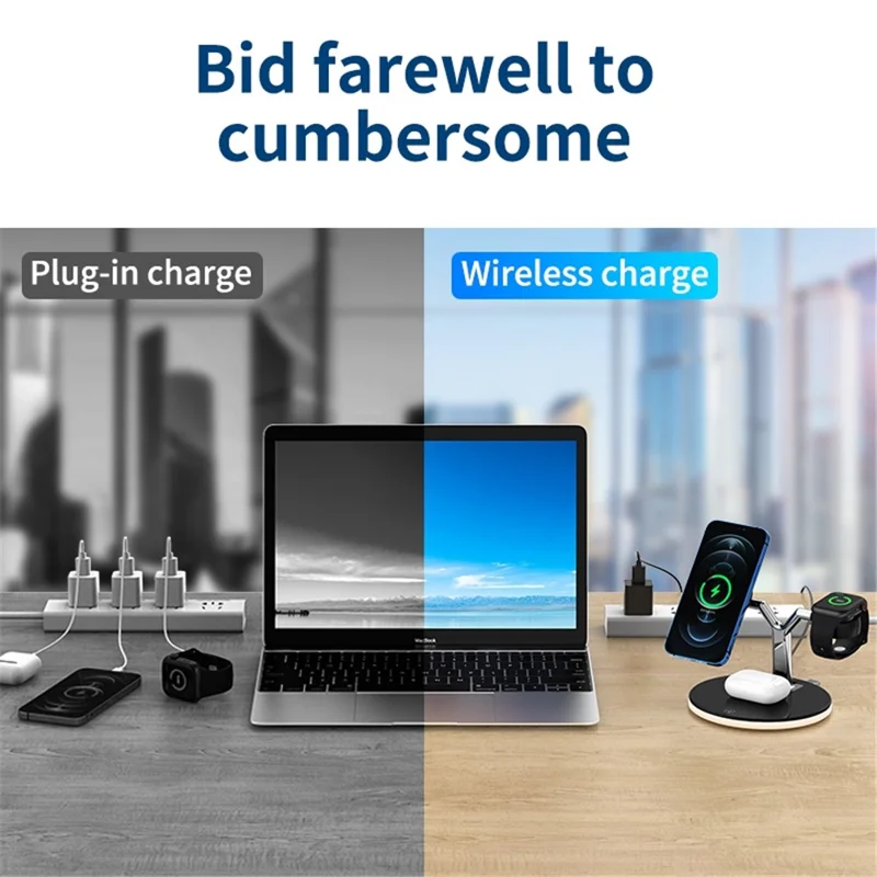 970 For iPhone / Apple Watch / AirPods 3 in 1 Wireless Charger  Fast Charging Desktop Stand Cradle with Light - White