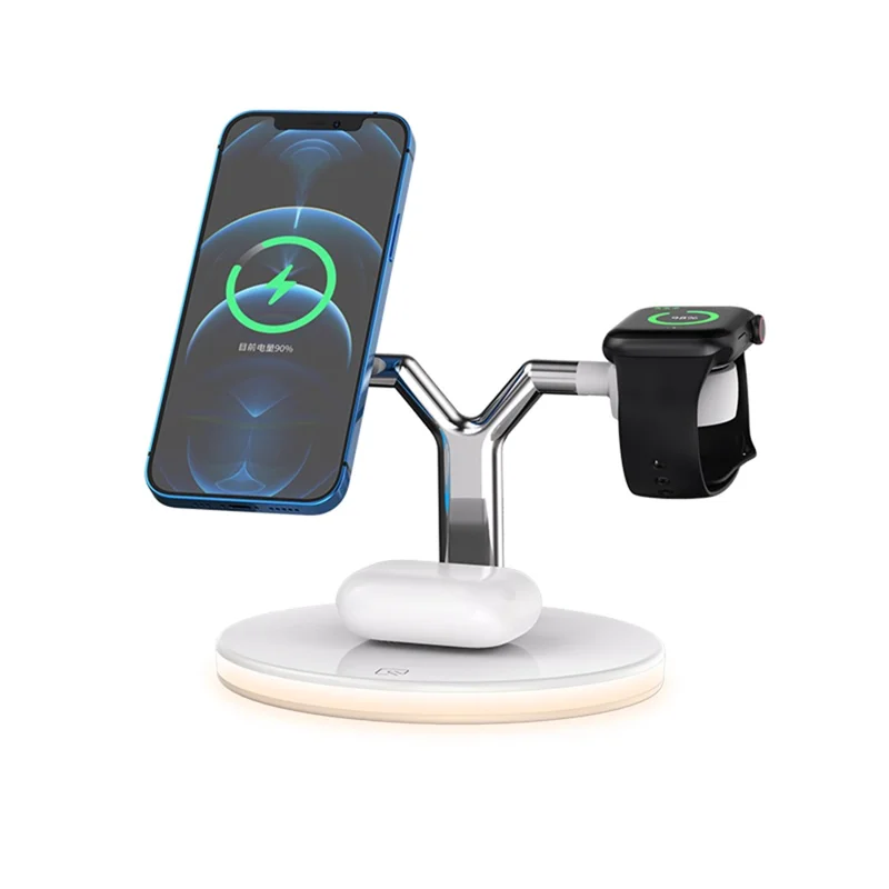 970 For iPhone / Apple Watch / AirPods 3 in 1 Wireless Charger  Fast Charging Desktop Stand Cradle with Light - White