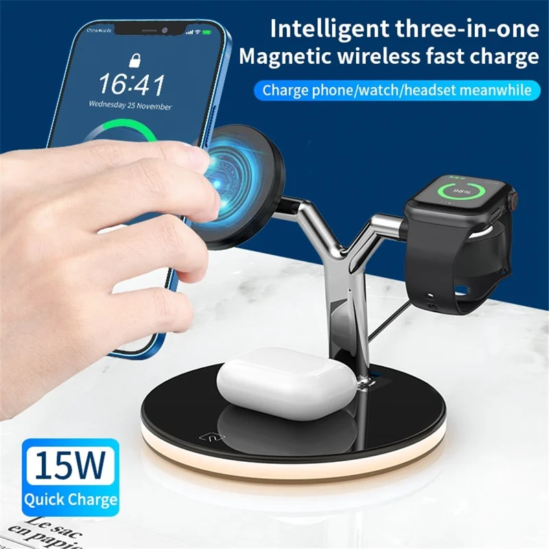 970 For iPhone / Apple Watch / AirPods 3 in 1 Wireless Charger  Fast Charging Desktop Stand Cradle with Light - White