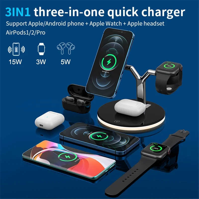 970 For iPhone / Apple Watch / AirPods 3 in 1 Wireless Charger  Fast Charging Desktop Stand Cradle with Light - White