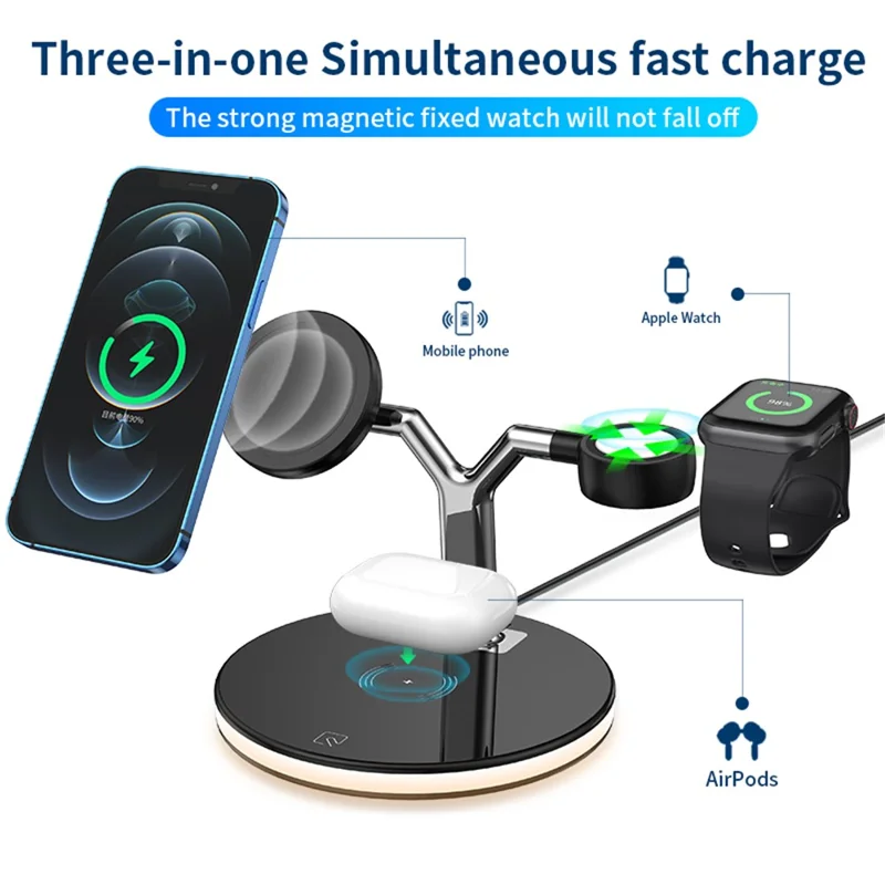 970 For iPhone / Apple Watch / AirPods 3 in 1 Wireless Charger  Fast Charging Desktop Stand Cradle with Light - White