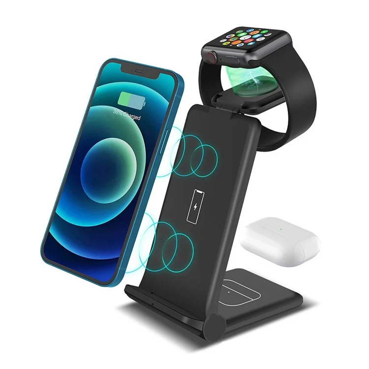 B618 3-in-1 15W Caricatore Wireless Caricamento Rapido Supporto Per Apple Watch / AirPods / i Phone / Samsung / Telefoni Cellulari Abilitati Q-qi - Nero