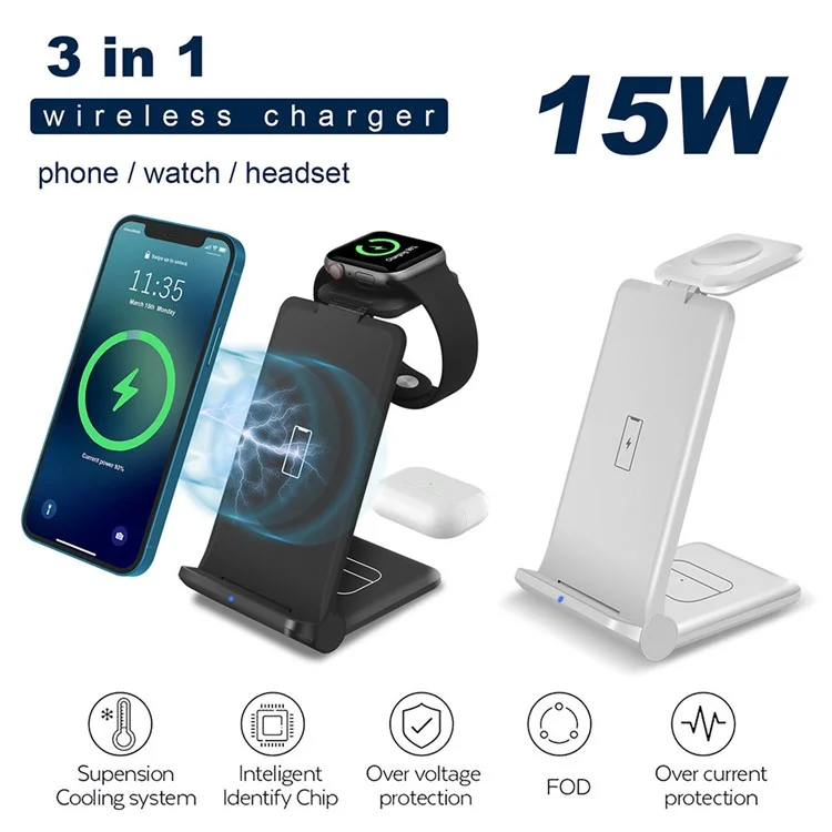 B618 3-in-1 15W Caricatore Wireless Caricamento Rapido Supporto Per Apple Watch / AirPods / i Phone / Samsung / Telefoni Cellulari Abilitati Q-qi - Nero