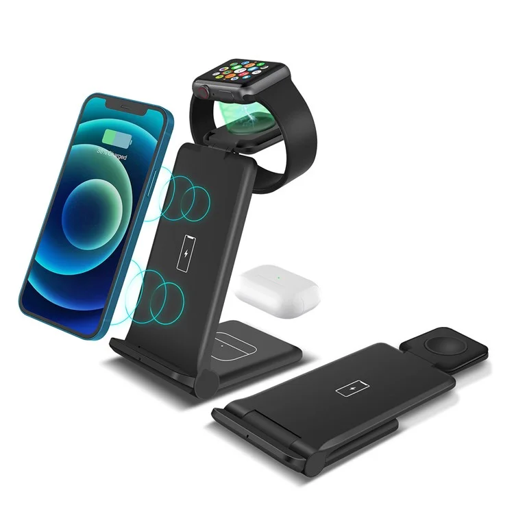 B618 3-in-1 15W Caricatore Wireless Caricamento Rapido Supporto Per Apple Watch / AirPods / i Phone / Samsung / Telefoni Cellulari Abilitati Q-qi - Nero
