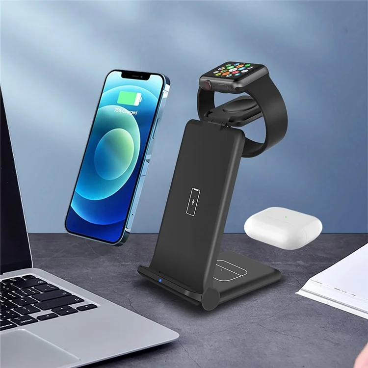 B618 3-in-1 15W Caricatore Wireless Caricamento Rapido Supporto Per Apple Watch / AirPods / i Phone / Samsung / Telefoni Cellulari Abilitati Q-qi - Nero