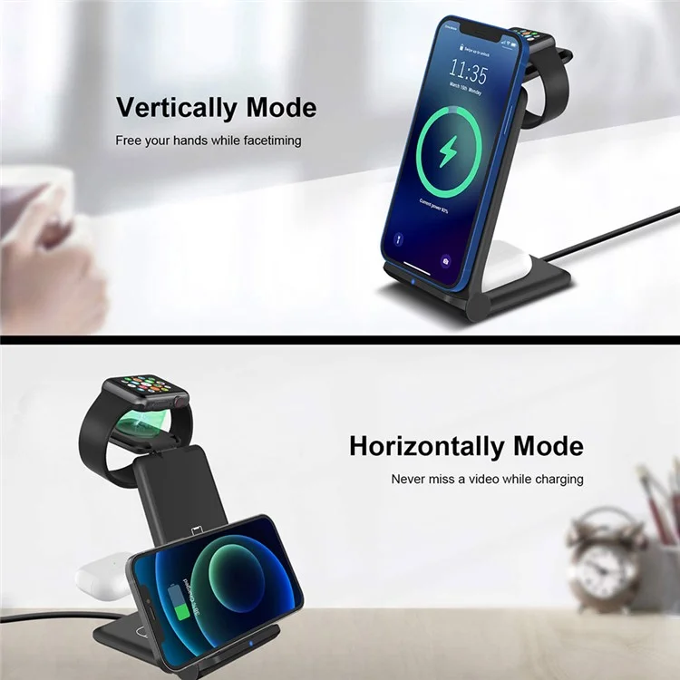 B618 3-in-1 15W Caricatore Wireless Caricamento Rapido Supporto Per Apple Watch / AirPods / i Phone / Samsung / Telefoni Cellulari Abilitati Q-qi - Nero
