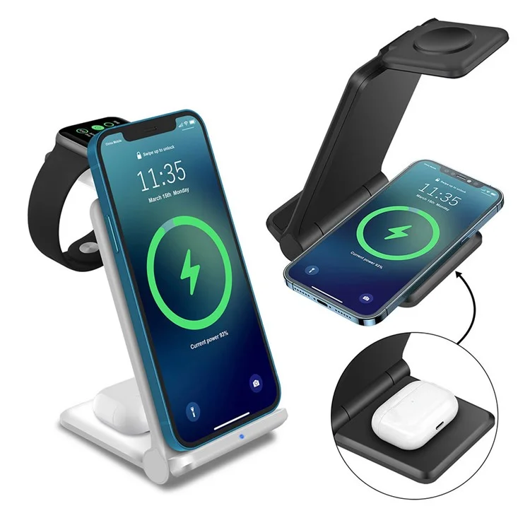 B618 3-in-1 15W Caricatore Wireless Caricamento Rapido Supporto Per Apple Watch / AirPods / i Phone / Samsung / Telefoni Cellulari Abilitati Q-qi - Nero