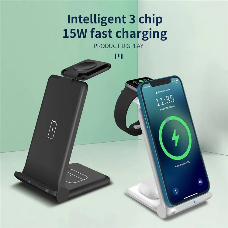 B618 3-in-1 15W Caricatore Wireless Caricamento Rapido Supporto Per Apple Watch / AirPods / i Phone / Samsung / Telefoni Cellulari Abilitati Q-qi - Nero