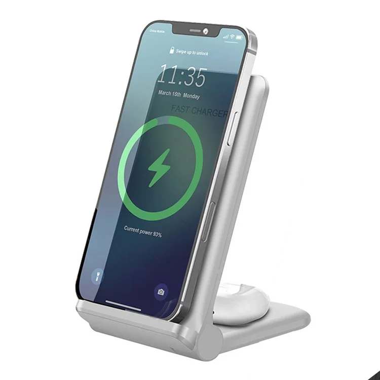 B455 20W Wireless Charger Foldable Phone Stand Holder Angle Adjustable Desktop Mount Holder 5W Wireless Earphone Charger - White