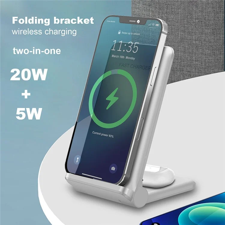 B455 20W Wireless Charger Foldable Phone Stand Holder Angle Adjustable Desktop Mount Holder 5W Wireless Earphone Charger - White