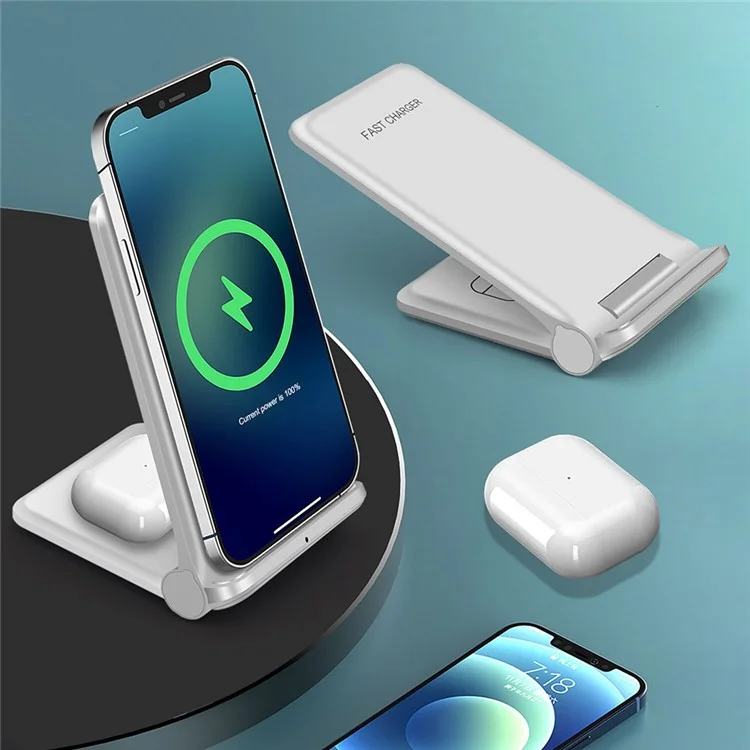 B455 20W Wireless Charger Foldable Phone Stand Holder Angle Adjustable Desktop Mount Holder 5W Wireless Earphone Charger - White