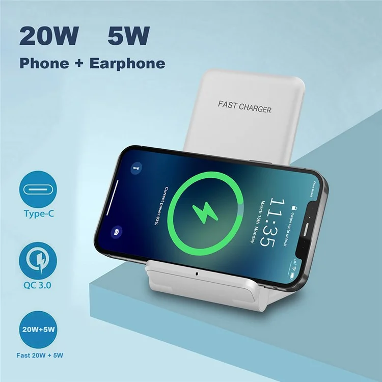 B455 20W Wireless Charger Foldable Phone Stand Holder Angle Adjustable Desktop Mount Holder 5W Wireless Earphone Charger - White