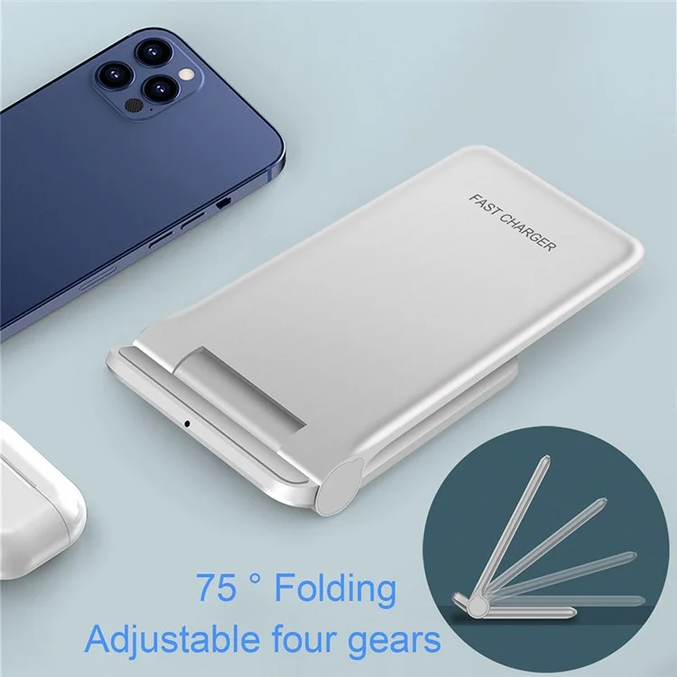 B455 20W Wireless Charger Foldable Phone Stand Holder Angle Adjustable Desktop Mount Holder 5W Wireless Earphone Charger - White