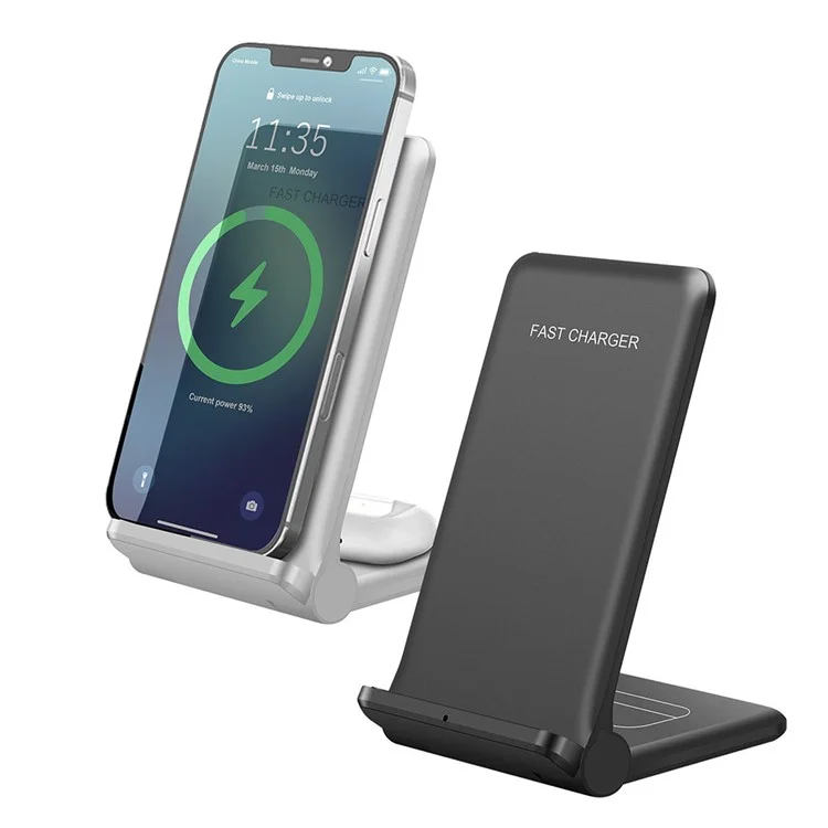 B455 20W Wireless Charger Foldable Phone Stand Holder Angle Adjustable Desktop Mount Holder 5W Wireless Earphone Charger - White