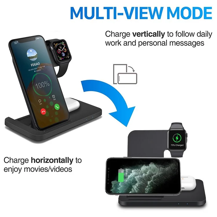 B381 For Qi-enabled Mobile Phone / Smart Watch / Headphones 3 in 1 15W Fast Charging Station Folding Charger Dock - White