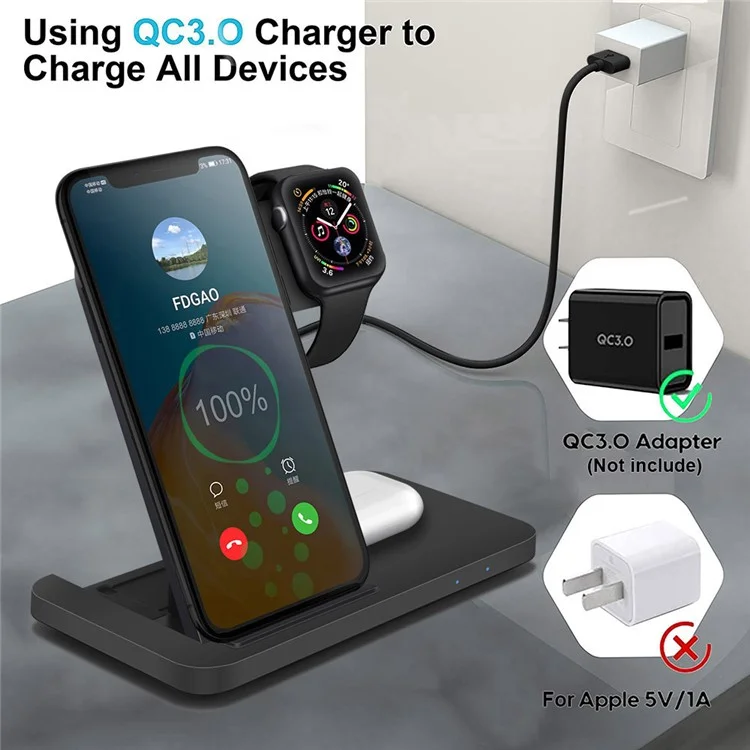 B381 For Qi-enabled Mobile Phone / Smart Watch / Headphones 3 in 1 15W Fast Charging Station Folding Charger Dock - White