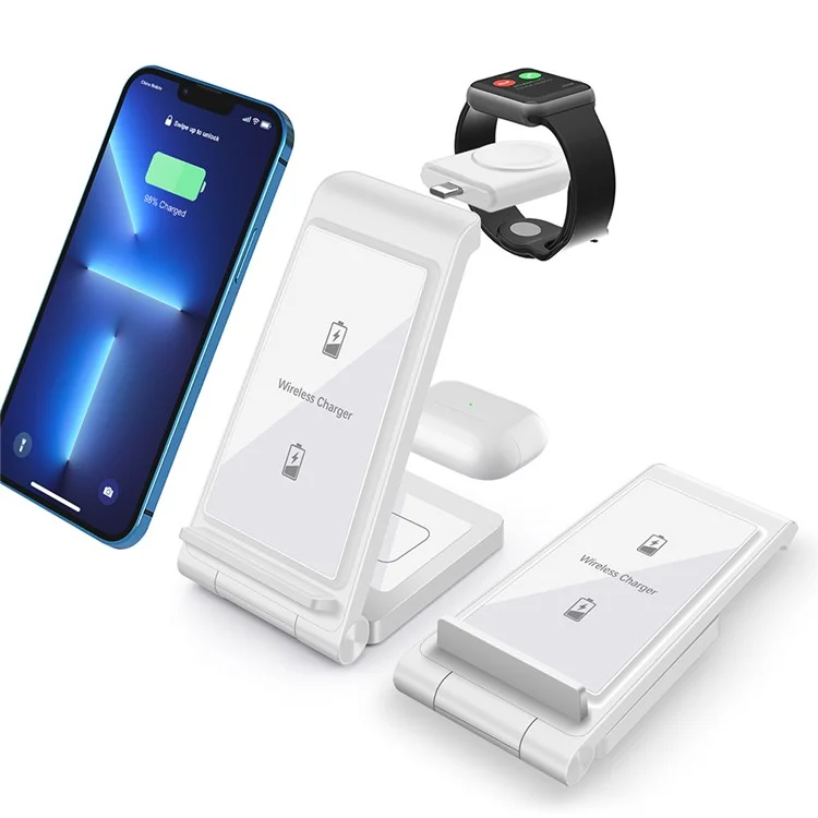 B623 15W 3-in-1 Wireless Charger Vertical Folding Charging Stand Portable Fast Charger with Detachable Watch Charger for iPhone iWatch AirPods - White