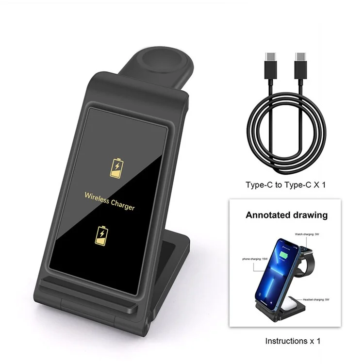 B623 15W 3-in-1 Wireless Charger Vertical Folding Charging Stand Portable Fast Charger with Detachable Watch Charger for iPhone iWatch AirPods - White