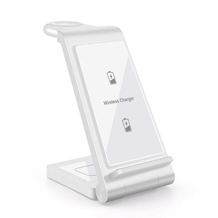 B623 15W 3-in-1 Wireless Charger Vertical Folding Charging Stand Portable Fast Charger with Detachable Watch Charger for iPhone iWatch AirPods - White
