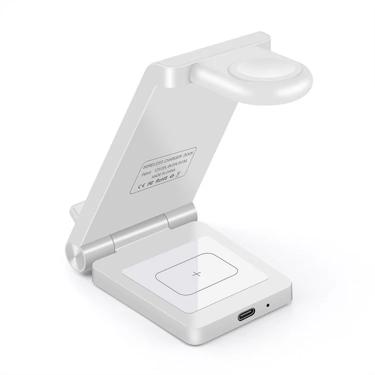 B623 15W 3-in-1 Wireless Charger Vertical Folding Charging Stand Portable Fast Charger with Detachable Watch Charger for iPhone iWatch AirPods - White