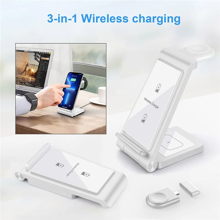 B623 15W 3-in-1 Wireless Charger Vertical Folding Charging Stand Portable Fast Charger with Detachable Watch Charger for iPhone iWatch AirPods - White