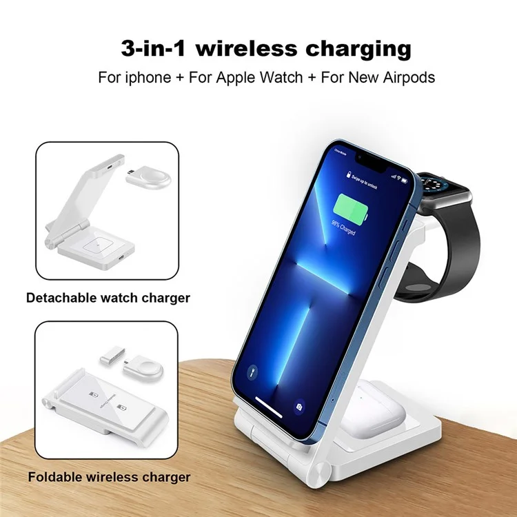 B623 15W 3-in-1 Wireless Charger Vertical Folding Charging Stand Portable Fast Charger with Detachable Watch Charger for iPhone iWatch AirPods - White