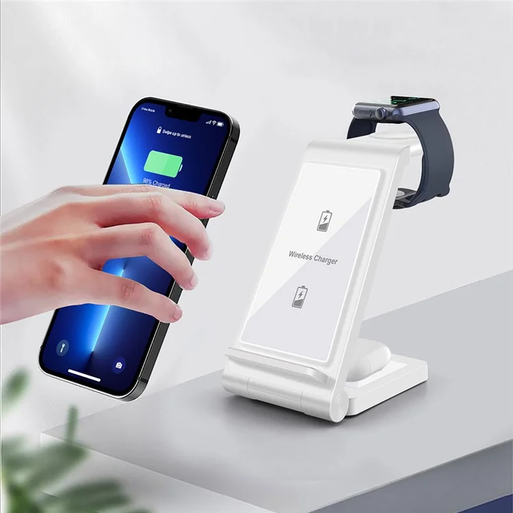 B623 15W 3-in-1 Wireless Charger Vertical Folding Charging Stand Portable Fast Charger with Detachable Watch Charger for iPhone iWatch AirPods - White