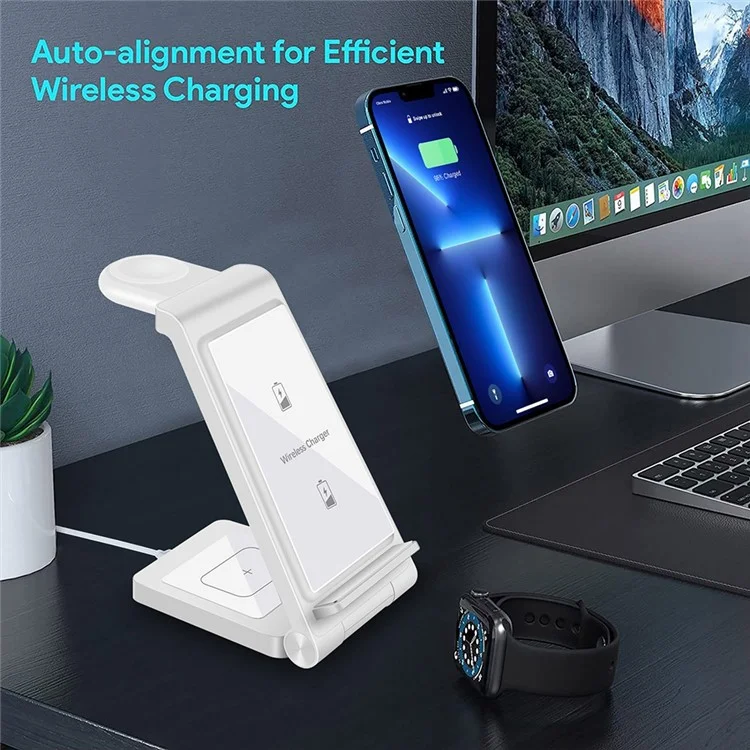 B623 15W 3-in-1 Wireless Charger Vertical Folding Charging Stand Portable Fast Charger with Detachable Watch Charger for iPhone iWatch AirPods - White