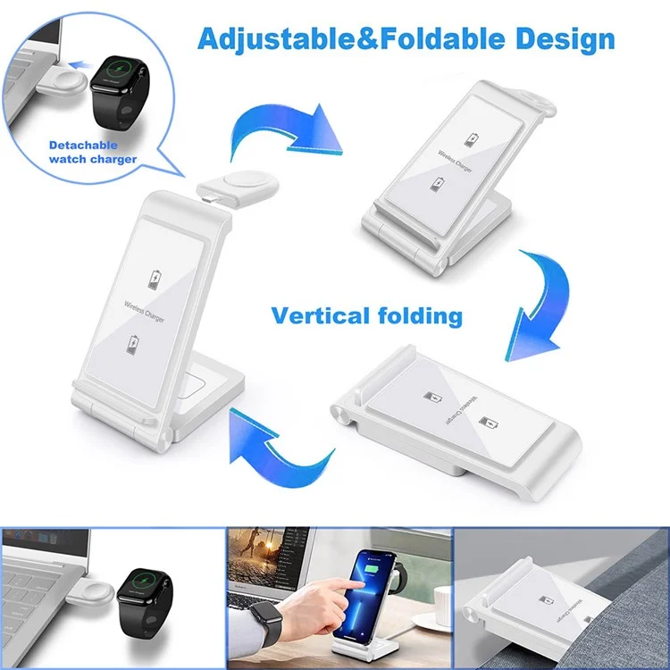 B623 15W 3-in-1 Wireless Charger Vertical Folding Charging Stand Portable Fast Charger with Detachable Watch Charger for iPhone iWatch AirPods - White
