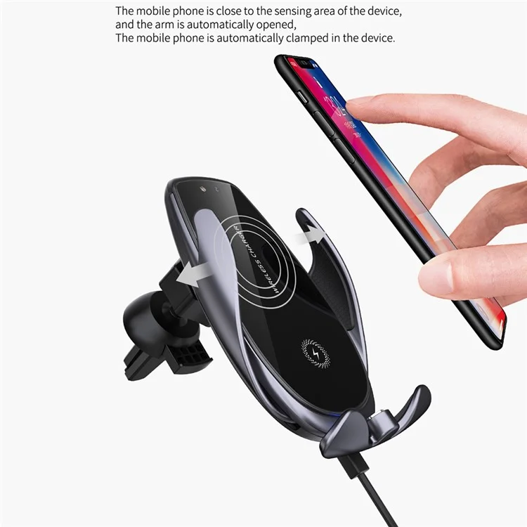 V3P Air Vent Clip Smart Auto Sensing Cellphone Bracket Car 15W Wireless Charger Phone Holder - Black