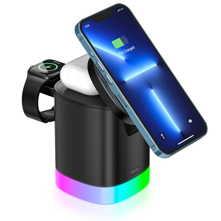 T15 3 in 1 Magnetic Wireless Charger Folding Charging Stand for iPhone iWatch AirPods Cordless Charging Station with RGB Light - Black