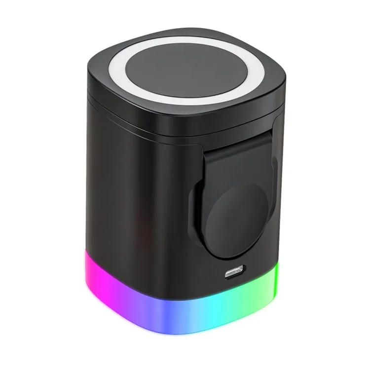 T15 3 in 1 Magnetic Wireless Charger Folding Charging Stand for iPhone iWatch AirPods Cordless Charging Station with RGB Light - Black