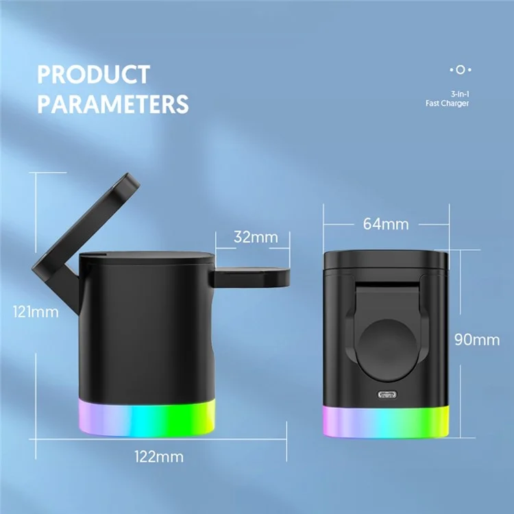 T15 3 in 1 Magnetic Wireless Charger Folding Charging Stand for iPhone iWatch AirPods Cordless Charging Station with RGB Light - Black