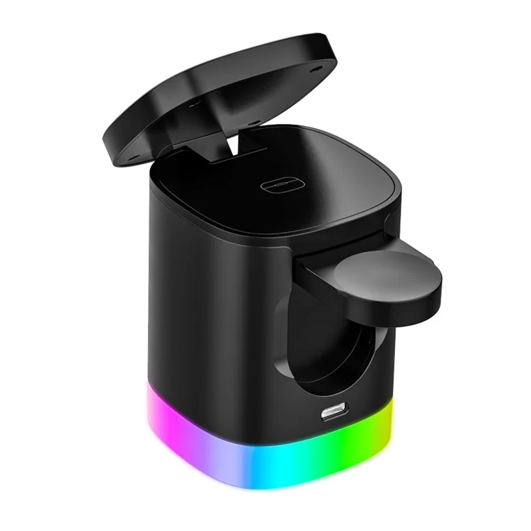 T15 3 in 1 Magnetic Wireless Charger Folding Charging Stand for iPhone iWatch AirPods Cordless Charging Station with RGB Light - Black