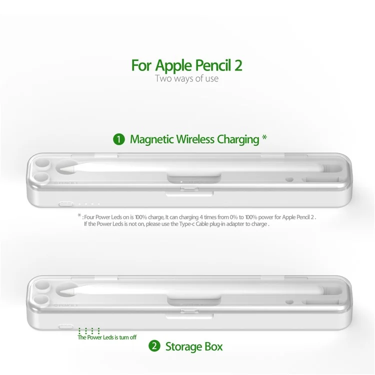 2-в-1 портативное беспроводное зарядное устройство для Apple Pencil (2-го поколения) / (1-го поколения) Беспроводная / Проводная зарядная коробка со встроенной батареей