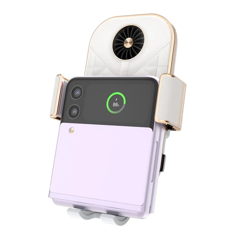 C38 Grid Texture PU Leather Coated Mobile Phone Holder Wireless Charger with Cooling Fan for Samsung Galaxy Z Flip3 / Flip4 / iPhone