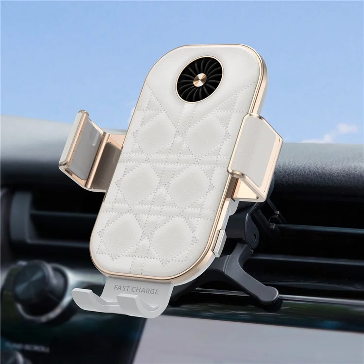 C38 Grid Texture PU Leather Coated Mobile Phone Holder Wireless Charger with Cooling Fan for Samsung Galaxy Z Flip3 / Flip4 / iPhone